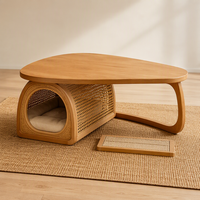 Table basse ronde en rotin, table centrale artisanale en bois avec étagère de rangement, design polyvalent pour humains et animaux