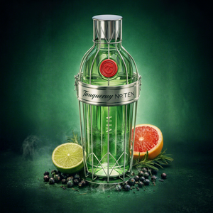 Tanqueray No. Jaula para botellas de metal con botella de vidrio verde y adorno de cítricos - Product Image 1