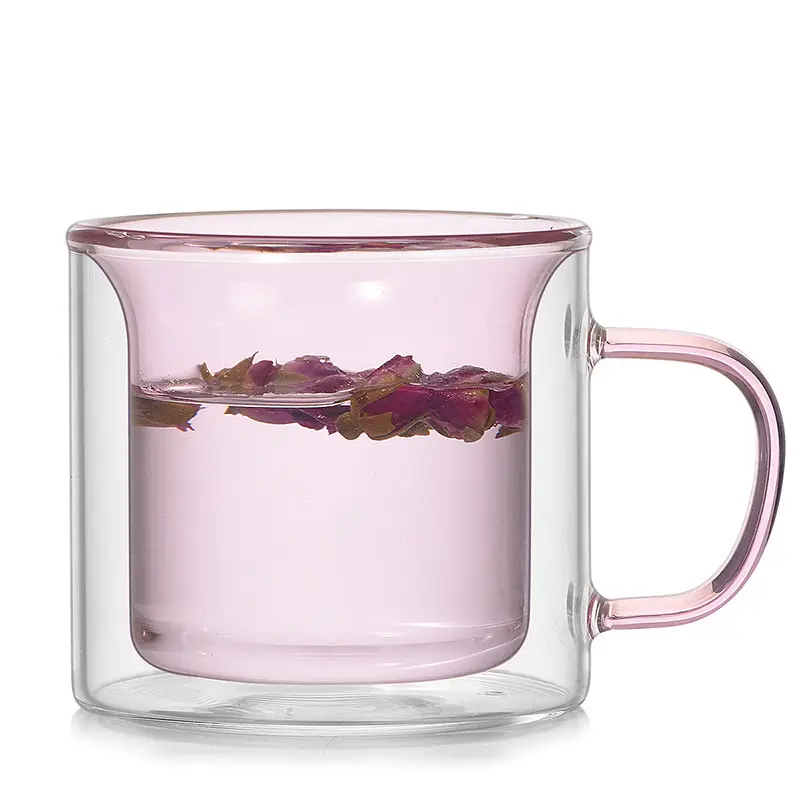 उच्च Borosilicate डबल दीवार ग्लास कॉफी कप पानी चाय मग संभाल रंगीन ग्लास कप 200Ml अछूता कॉफी मग गुलाबी ग्लास कप