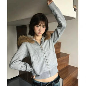 Cappotto grigio maglione in <span class=keywords><strong>pile</strong></span> con cappuccio da <span class=keywords><strong>donna</strong></span> autunno nuovo stile aderente con Logo anteriore all'inizio dell'autunno indossa <span class=keywords><strong>Cardigan</strong></span> americano - Product Image 3