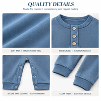 100% Katun Organik Bersertifikat GOTS Baju Bayi Lengan Panjang Polos dengan Kancing Tekan untuk Bayi Baru Lahir