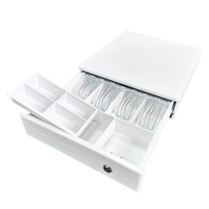 HER-335 Cassetto <span class=keywords><strong>Registratore</strong></span> <span class=keywords><strong>di</strong></span> <span class=keywords><strong>Cassa</strong></span> RJ11 6V/9V/12V/24V con Serratura a Tre Posizioni, 3-4 Scomparti Banconote, 4-8 Scomparti Monete, Nero/Bianco, 1M+ - Product Image 2