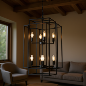Modern 8-<b>Light</b> Black Iron Geometric Pendant Chandelier 18 In Adjustable Hanging <b>Light</b> For Living Room <b>Dining</b> Room - Product Image 2