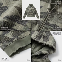 Sweat à capuche zippé personnalisé OEM en molleton bouclette coupe ample, style streetwear, imprimé DTG Kornit, motif camouflage quadrillé vert vieilli