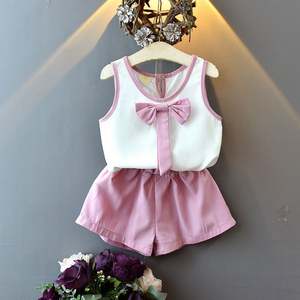 Conjunto de Ropa para Niña, Camiseta sin Mangas con Lazo y Pantalones de Color Liso, Económico, para Compras en Línea - Product Image 1