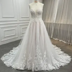 Vestido de novia Rosa rubor hecho a medida princesa cariño rebordear corpiño Apliques de encaje vestidos de novia