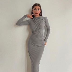 Vestido Casual Elegante de Primavera para Mujer, Manga Larga, Corte Entallado, Color Sólido, Cuello Redondo, Cintura Alta, Estilo Europeo - Product Image 5