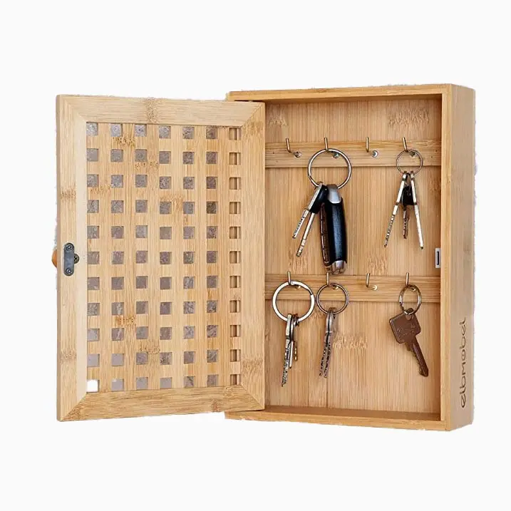 Natural high-quality bamboo key storage box wall mounted hook storage cabinet