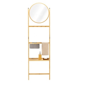 Moderno Portasciugamani Multifunzionale in Bambù per Bagno con Specchio, <span class=keywords><strong>Cestino</strong></span> e Rastrelliera Non Pieghevole per Vestiti e Coperte - Product Image 1