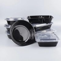 Conteneur alimentaire rond noir jetable avec couvercle à fermeture sécurisée, boîte à lunch pour emporter, compatible micro-ondes
