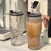 Grand gobelet isotherme en verre avec poignée et couvercle à paille, réutilisable, moderne et minimaliste, pour café glacé, idéal pour la maison et le bureau