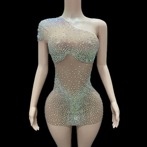 Robe moulante en mousseline transparente avec strass en cristal sexy à une épaule pour femmes pour la boîte de nuit d'anniversaire Autres occasions spéciales - Product Image 4