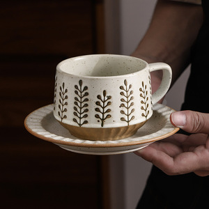 Tasse à café/latte/fleur/avoine en céramique de style japonais rétro avec poignée, résistante aux hautes températures, passe au micro-ondes, avec soucoupe - Product Image 3