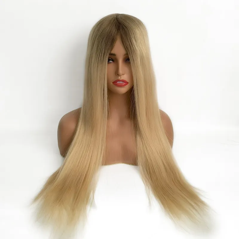 Seamless Blend Dark Roots Blonde Color Ombre Human Virgin Hair Silk Top Swiss Lace Human Hair Full Lace Wig