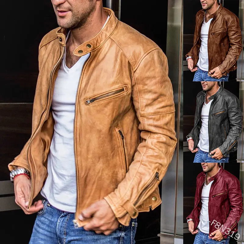 Wholesale Fashion Men Racer Motorcycle PU Leather Jackets Bomber Jacket Hooded Coat Black Brown Leather Jacket