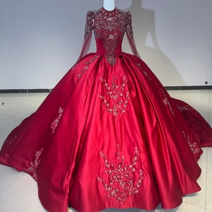 Dw0204 Modest Red Evening Dresses Beading Sequin Satin Ball <b>Gown</b> Prom Dress Women Wedding Reception Party Dress Jancemebr - Product Image 1