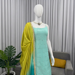 Women's Embroidered Suit Set Spaghetti Strap Top Palazzo <b>Pants</b> Dupatta <b>Sequin</b> Thread Work Party Wear - Product Image 6
