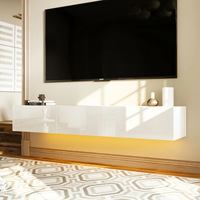 Meuble TV mural flottant en MDF blanc avec éclairage LED, console multimédia avec tiroirs de rangement, meuble TV brillant pour salon