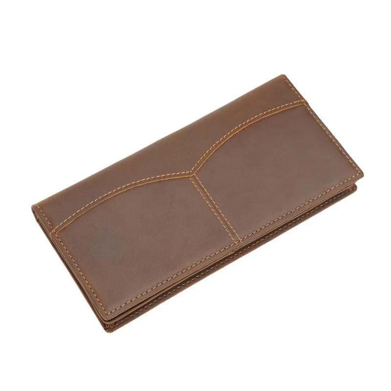 Billetera larga de cuero genuino marrón con bloqueo RFID para hombre, billetera de lujo Estilo Vintage vaquero