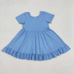 Vente en gros de robes pour filles, robes à volants de couleur unie, boutique pour tout-petits, col Peter Pan, manches courtes, robes d'été - Product Image 4