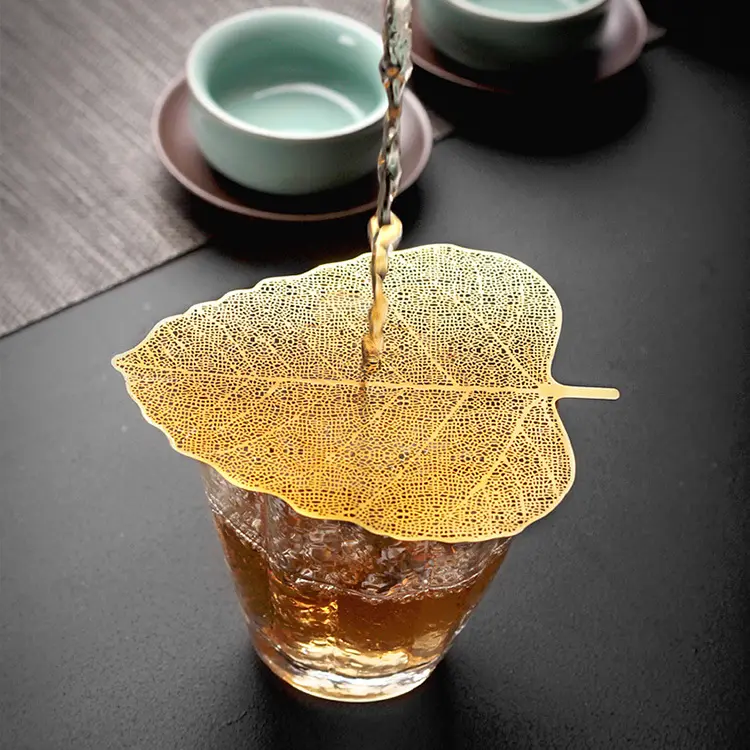 Wholesale creative design bodhi leaf shape 304 stainless steel and Gold Tea Cup Filter Loose Tea Infuser Strainer