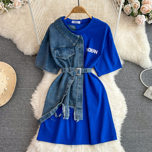 Nouvelle mode, col rond, couleur contrastée, hauts décontractés pour femmes, robes <span class=keywords><strong>en</strong></span> <span class=keywords><strong>jean</strong></span>, t-shirts - Product Image 5