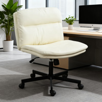 Chaise de bureau pivotante en cuir blanc de qualité supérieure avec coussin large, pieds croisés et roulettes