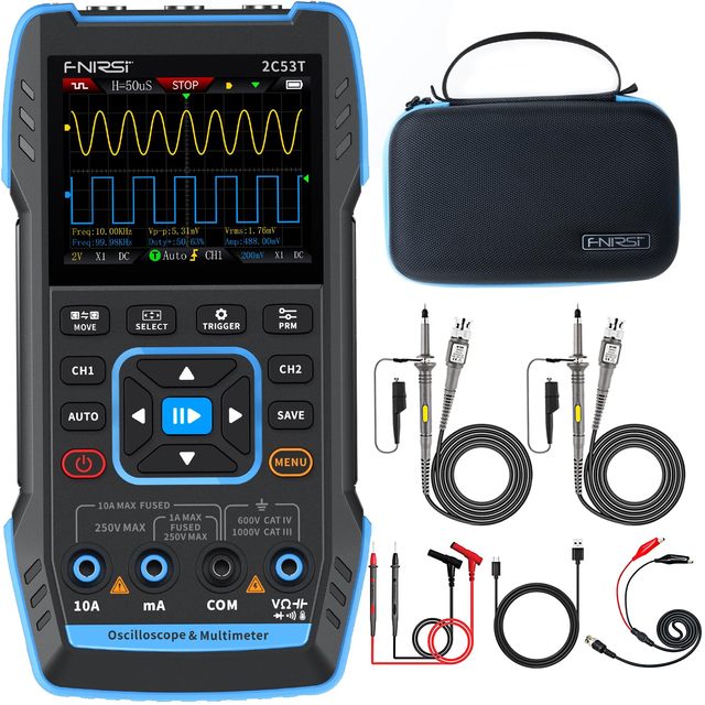 Fnirsi 2C53T Portable 3 in 1 Digital Oscilloscope Signal Generator Multimeter Dual Channel 50MHZ*2 250MS/s Handheld Oscilloscope