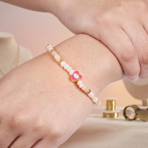 Pink Opal Heart Evil Eye Engraved Charm <b>Stretch</b> <b>Bracelet</b> Pink Blue Enamel Gold Plated 925 Sterling Silver Silver Export House - Product Image 3