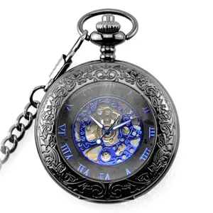 TIEDAN Blue Steampunk Skeleton Mechanical Pocket Watch Men Antique Luxury Brand Necklace Pocket Fob Watches Chain Male Clock