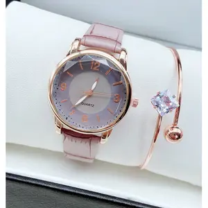 6136 Kant Voorraad Creatieve Tweekleurige Wijzerplaat Horloges Voor Dames Lederen Vintage Vrouwen Quartz Horloge & Roségouden Armband 2 Stuks Cadeau Set