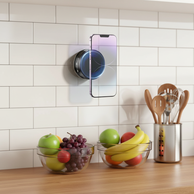Portable Plastic Vacuum Adsorption Magnetic Phone Stand for for Bathroom & Kitchen Glass Walls