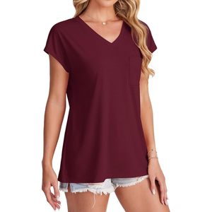 T-shirt col en V pour femme, manches courtes, bordeaux, avec poche, haut décontracté d'été, jersey de coton respirant, taille M - Product Image 4