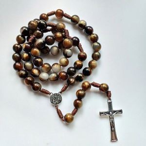 Catholic Rosary Beaded Necklace Hand-strung 10mm Faux Agate <b>Beads</b> in a Vintage Style Woven - Product Image 4