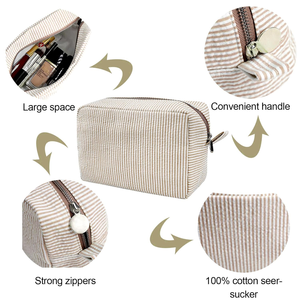 Bolsas de Cosméticos de Seersucker para Mujer, Organizador de Maquillaje de Viaje, Bolsa de Almacenamiento con Cierre de Cremallera, Bolsa de Maquillaje a Rayas para Viaje - Product Image 4