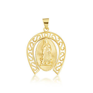 Fabricante de Joyería de Fusión Cultural OEM/ODM - Colgante Personalizado de la Virgen de Guadalupe con Filigrana y Herradura en PVD - Product Image 1