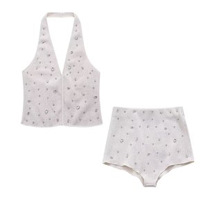 New Women's Jewelry Encrusted Neck Collar Top Shorts Casual 2 Piece <b>Set</b> Fashion - Product Image 1