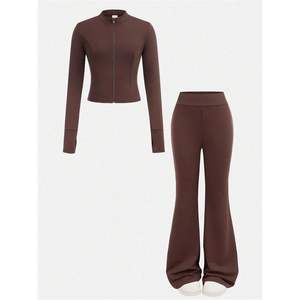 Conjunto de 2 piezas para mujer, chaqueta con cremallera y pantalones acampanados, manga larga, tela con memoria, transpirable, estilo casual urbano. - Product Image 1