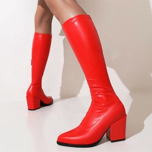 2022 Popular Pointy Toe Style Solid Boots Shoes for Girls Women Side Zip Chunky High <b>Heel</b> Boots Knee High Daily Shoes Size 48 - Product Image 4