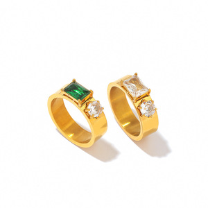 Fashion <b>Rings</b> Geometric Shape 18k Gold Plated <b>Titanium</b> Steel With Diamonds Green White Diamond Prong Setting Unisex Gift Jewelry - Product Image 4