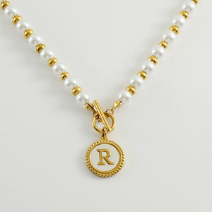 Zogxin Pearl Chain Stainless Steel 18K Gold Plated Letter Pendant Necklace For Women Everyday Wear - Product Image 5