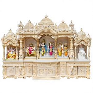 Altar de Madera Blanco de Gran Tamaño para Templo Iskcon, Exportaciones DST de EE. UU., Mandirs Grandes Personalizados con Tallado Dorado y Almacenamiento, Pooja Ghar - Product Image 1