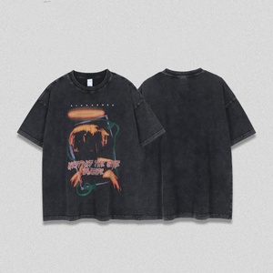 Nouveau T-shirt imprimé à manches courtes tendance chinoise, effet délavé vieilli, style BF vintage, coupe droite, col classique, 100 % coton, pour homme - Product Image 1