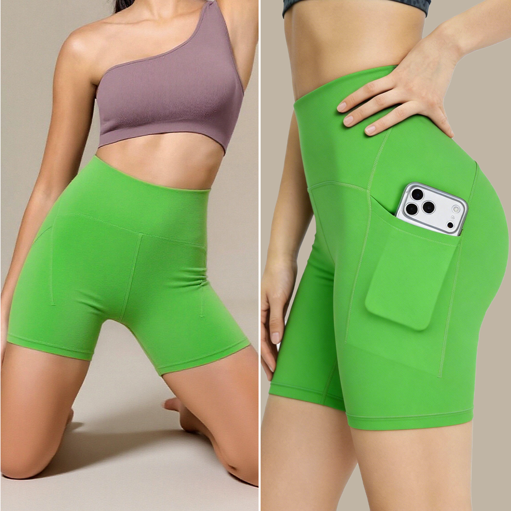 Women's Athletic Yoga Shorts Nylon Spandex Breathable Quick Dry Side Pocket Running Training Shorts MOQ