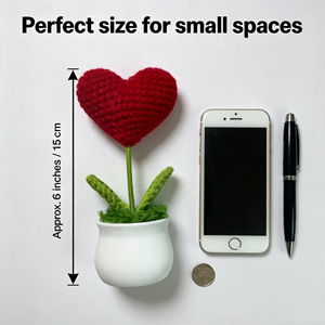 Plante artificielle en pot en forme de cœur, fleur au crochet en fil de peluche rouge, ornement décoratif avec pot, tête unique - Product Image 4