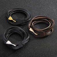 Mode hommes acier inoxydable hameçon boucle peau de vache Bracelet en gros tissé en cuir véritable Bracelet multicouche pour cadeau