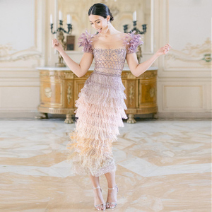 <span class=keywords><strong>Abito</strong></span> da sera Sharon Said SS379 di lusso con piume e nappe, lilla, stile Dubai, lunghezza alla caviglia, <span class=keywords><strong>midi</strong></span>, formale, per matrimoni - Product Image 2
