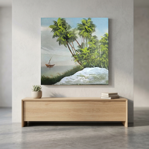 Peinture à l'huile sur toile tendue, paysage tropical réaliste moderne, peinte à la main, scène estivale avec palmiers et bateau, pour intérieur - Product Image 3