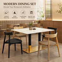 Ensemble de salle à manger, surface en pierre frittée blanche avec colonne à revêtement noir et doré, idéal pour les cafés, restaurants, zones alimentaires et salles de jeux modernes
