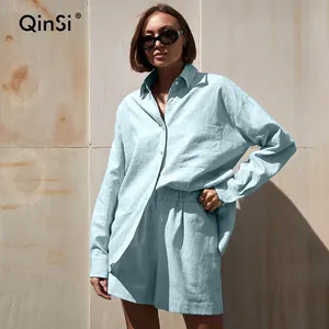 QINSI 오피스 레이디 블루 여성 정장 100% 면 짧은 바지와 버튼 업 셔츠 느슨한 두 조각 세트 2024 여성 의상